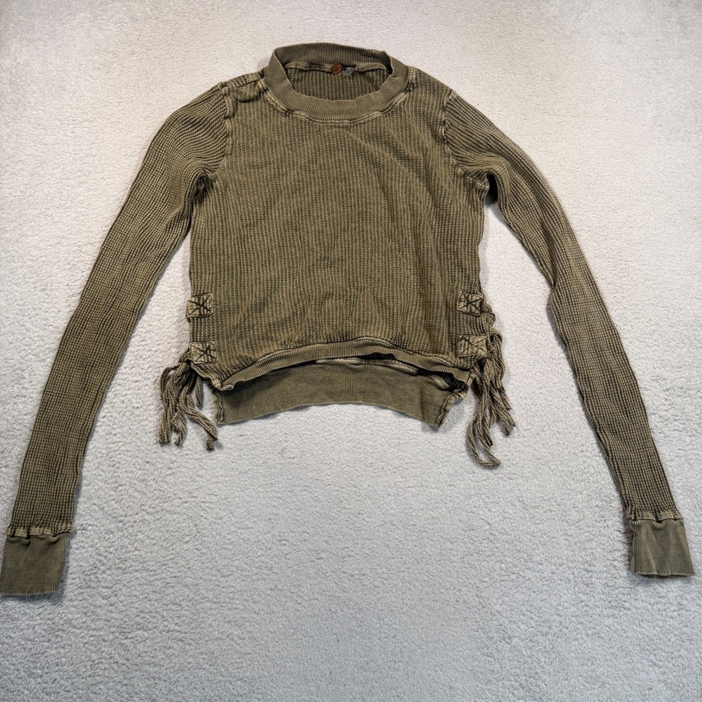 Free People FP One Innerlaken Thermal Top XS Olive Green Side Tie Waffle Knit